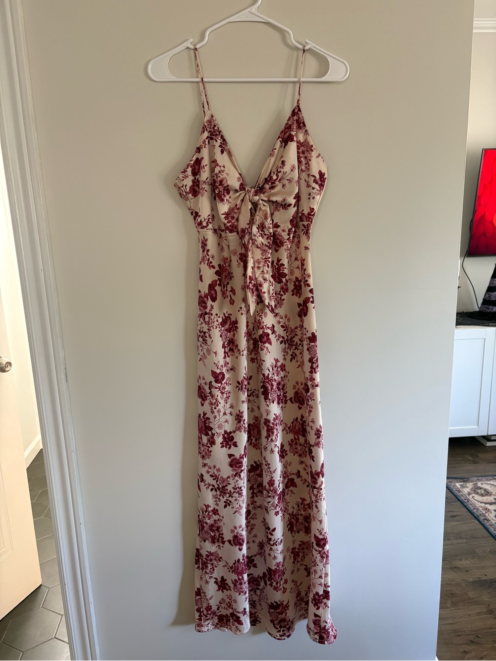 Lovely Day Cream Dress with Burgundy Floral Print and Tie Front